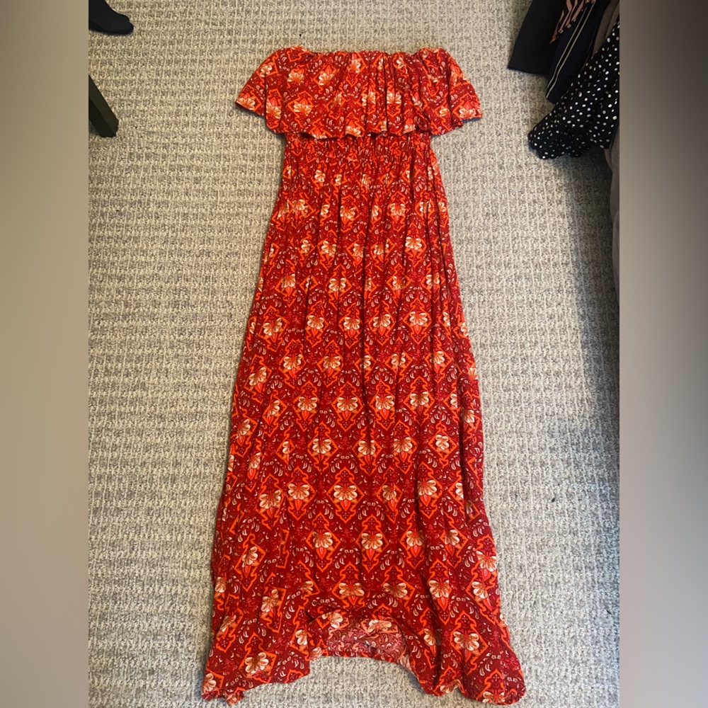 Strapless maxi dress, fold over ruffle detail